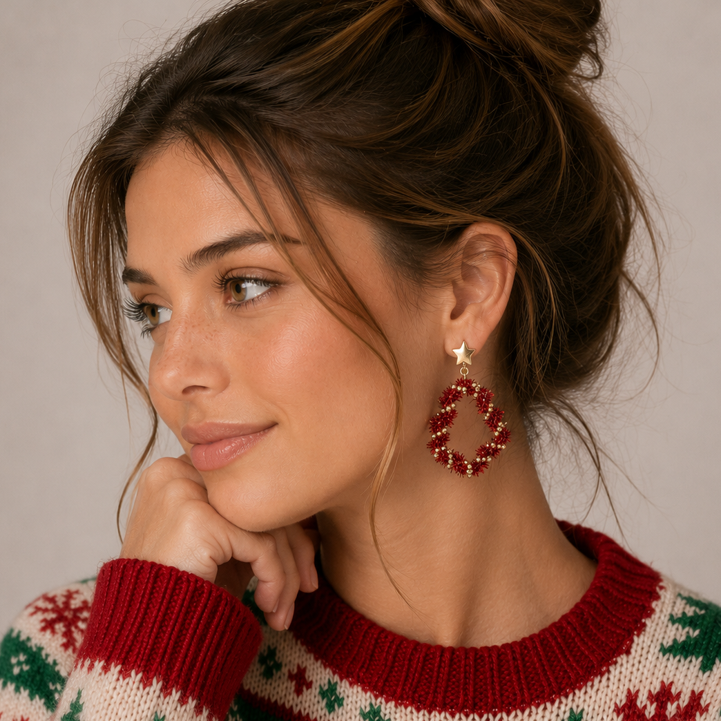Star Top Tinsel Hoop Christmas Earrings
