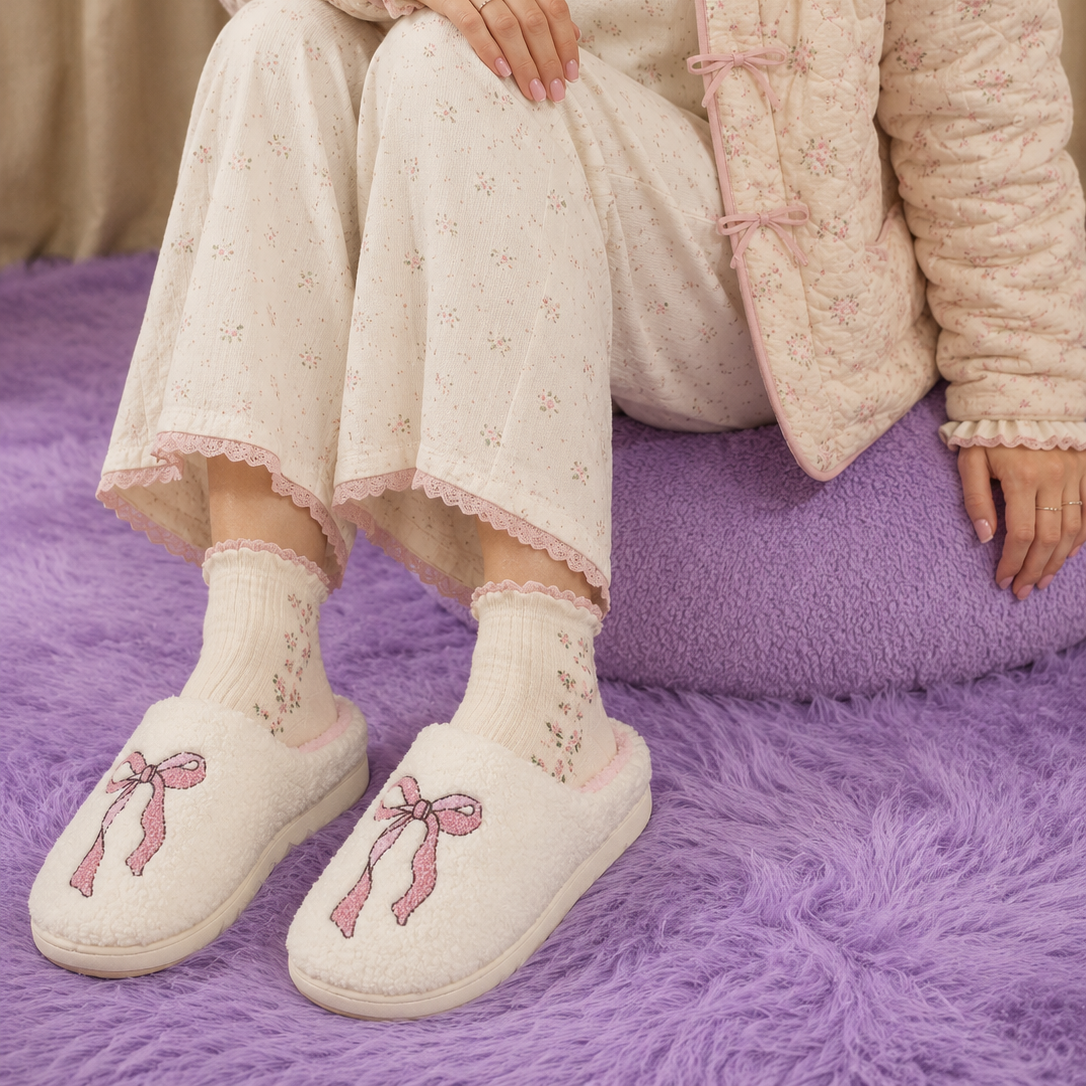 Elegant Plush Slippers with Soft Pink Bow Detail | Christmas Gift