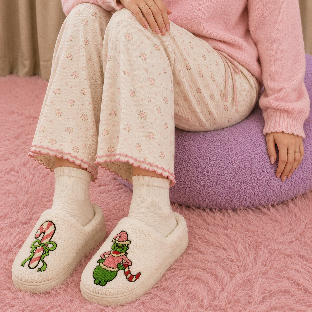 Sherpa Green Monster Christmas Slippers | Cozy Holiday House Shoes