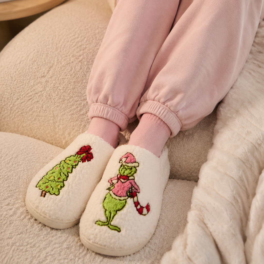 Sherpa Green Monster Christmas Tree Slippers | Cozy Holiday House Shoes