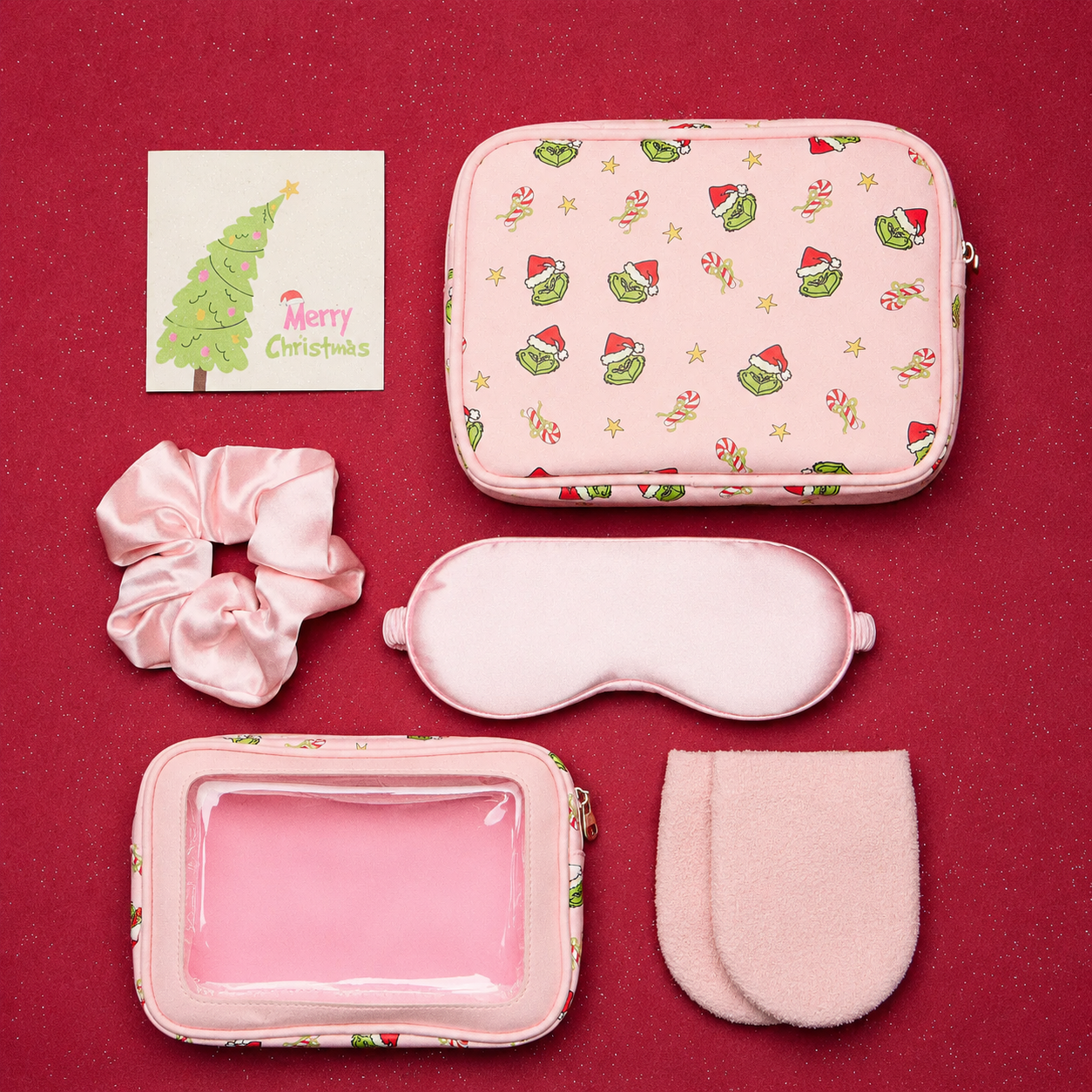 5-Piece Gift Set Cosmetic Pouch Bundle | Green Monster Pink Christmas