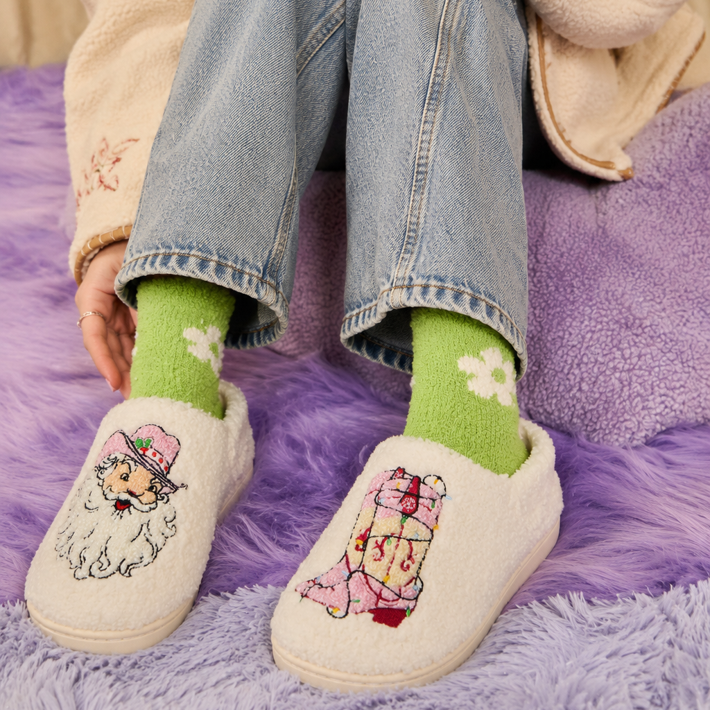 Plush Holiday Slippers with Cowboy Santa and Classic Boot Motif | Christmas Gift