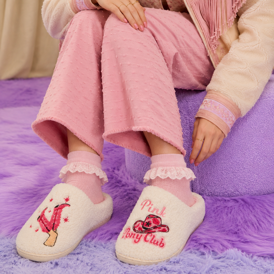 Sherpa Pink Pony Club Slippers | Cozy Western Holiday Slippers