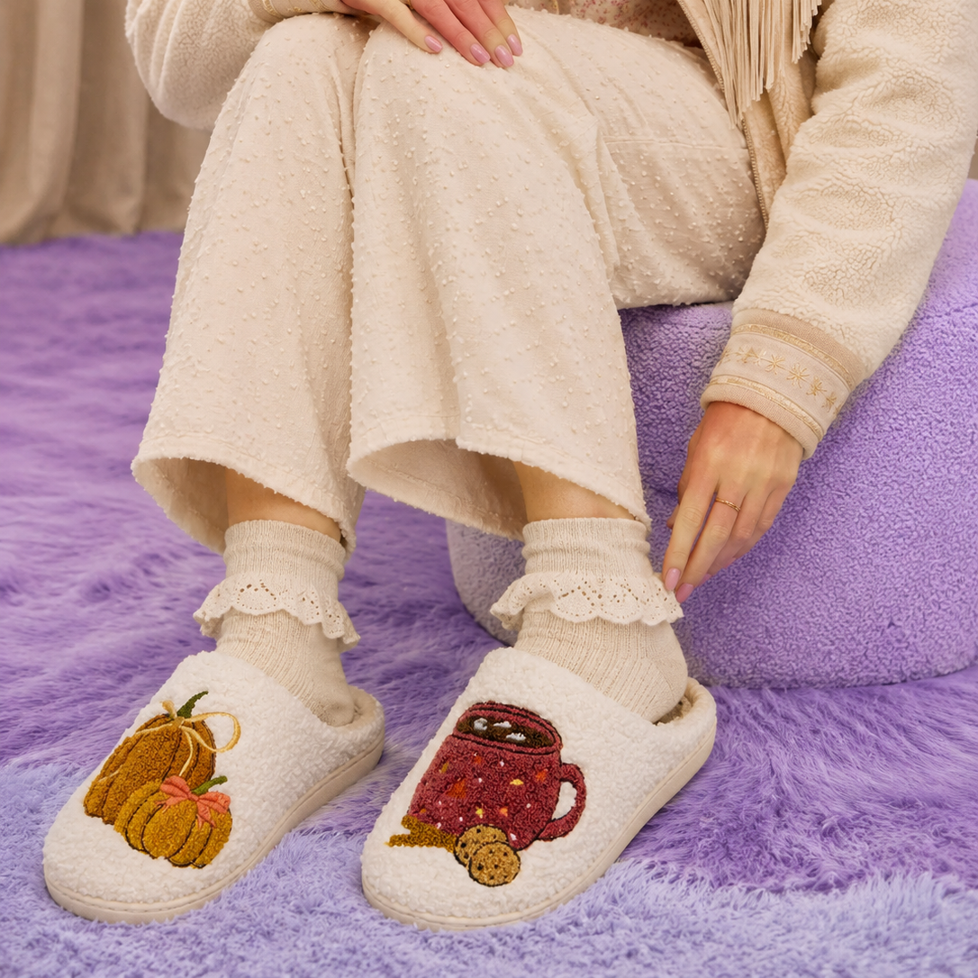 Sherpa Pumpkin & Cocoa Mug Slippers | Cozy Fall Holiday Shoes