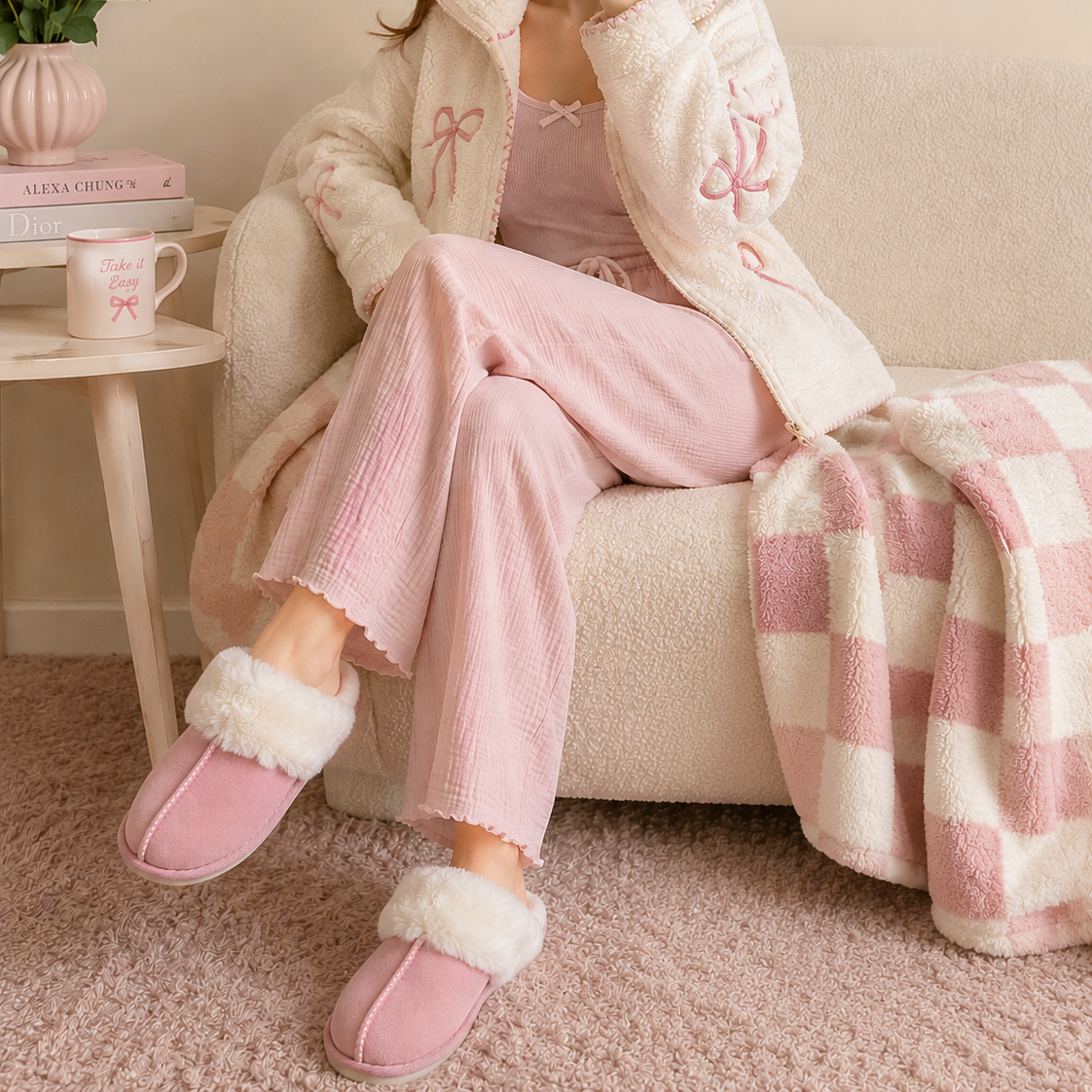 Faux Suede Fur Trim Slippers | Cozy Indoor House Shoes