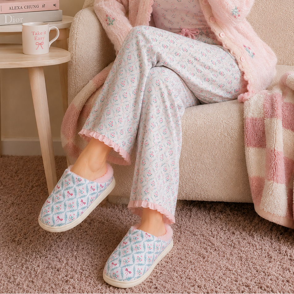 Floral Bow Print Puffer Slippers | Cozy Quilted House Shoes