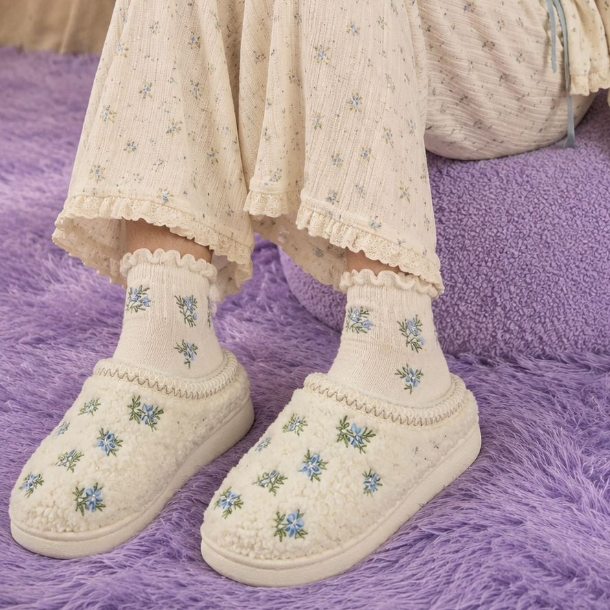Floral Sherpa Slide Slippers | Cozy Home Slippers