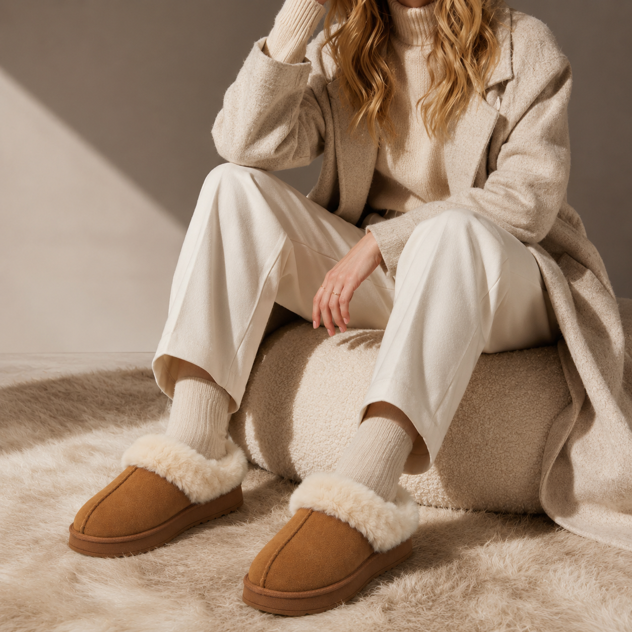 Faux Suede Fur Trim Platform Slippers | Cozy House Shoes