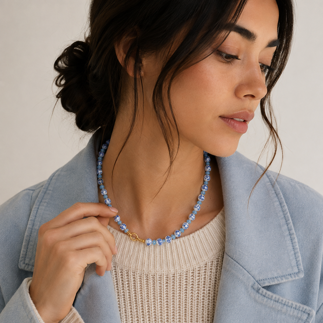 Blue & White Floral Beaded Necklace | Ceramic-Inspired Jewelry
