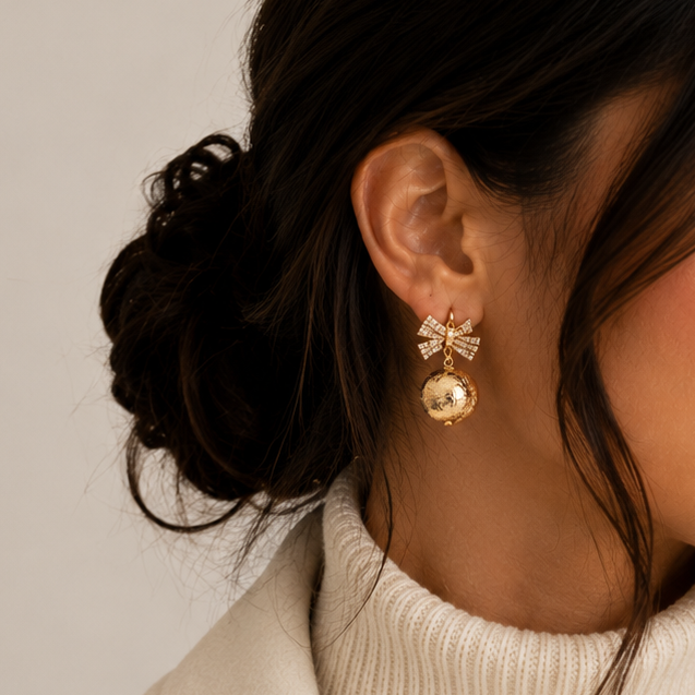 Christmas Ribbon Ball Drop Earrings | Holiday Christmas Jewelry