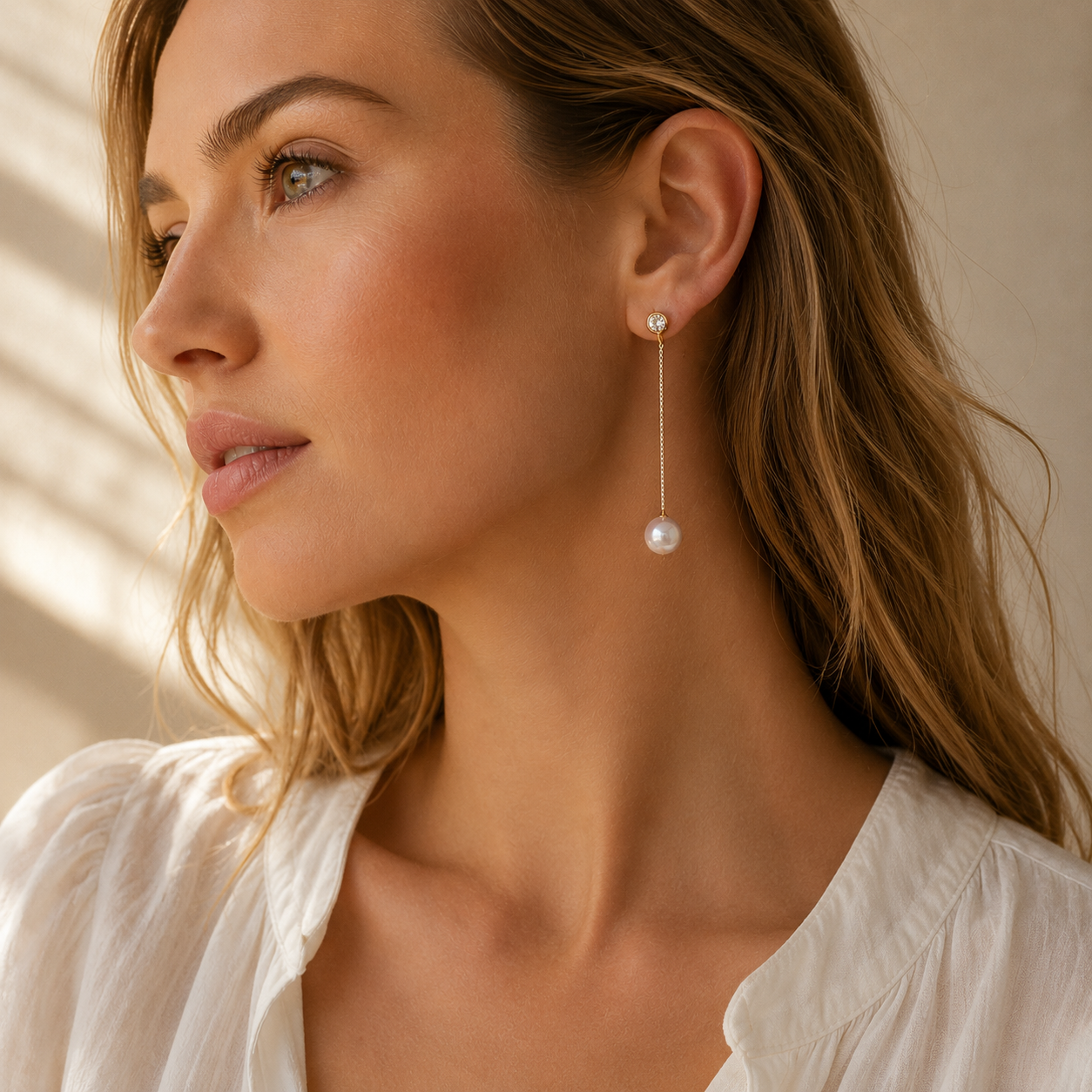 Pearl Drop Chain Earrings with CZ Stud | Stainless Steel Earrings