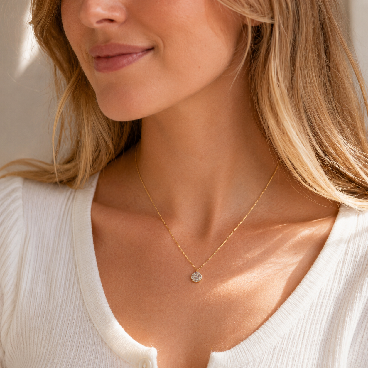 18K Gold Dipped Round CZ Necklace | Pavé Disc Pendant