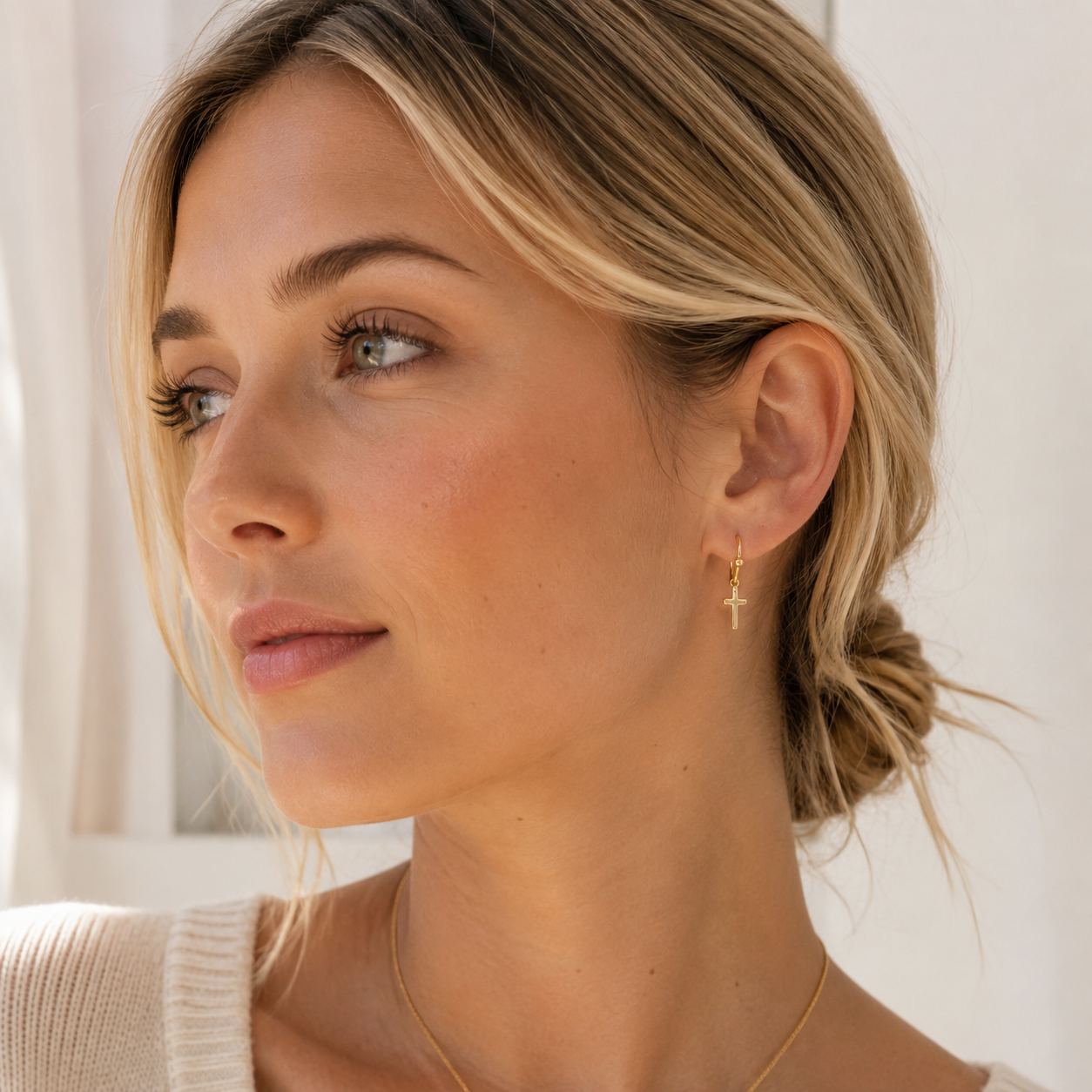Gold Dipped Cross Drop Earrings | Minimalist Faith Dangles Earrings