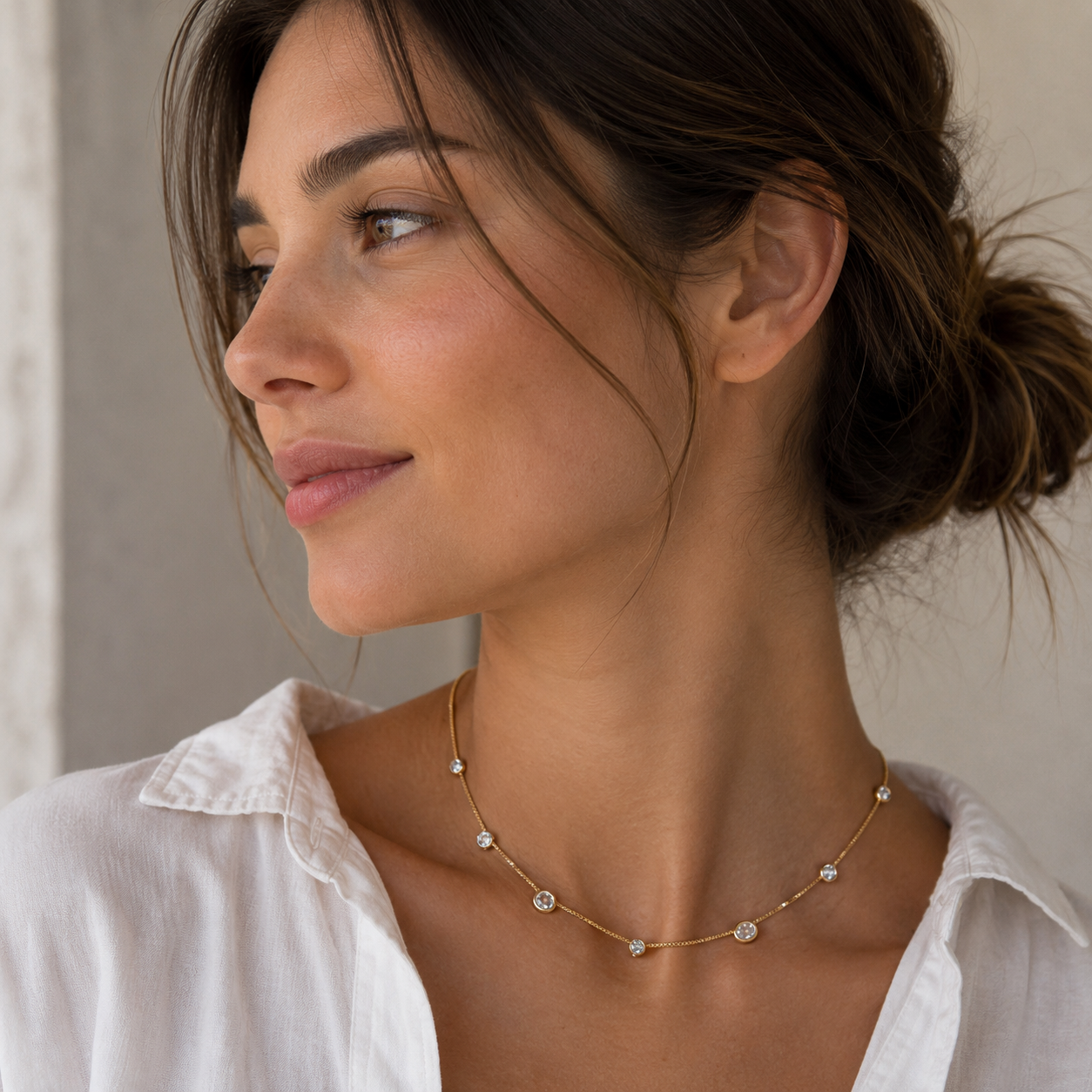 Gold Filled Bezel CZ Station Necklace | Adjustable Necklace