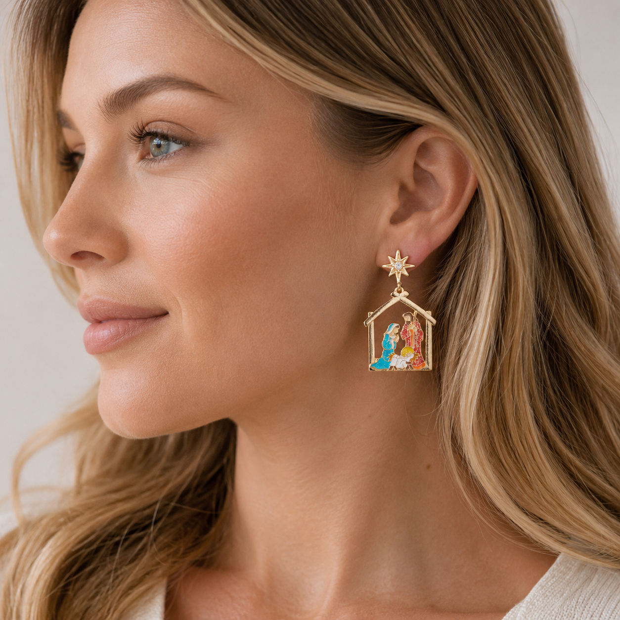 Enamel Nativity Scene Drop Earrings | Christmas Manger Design