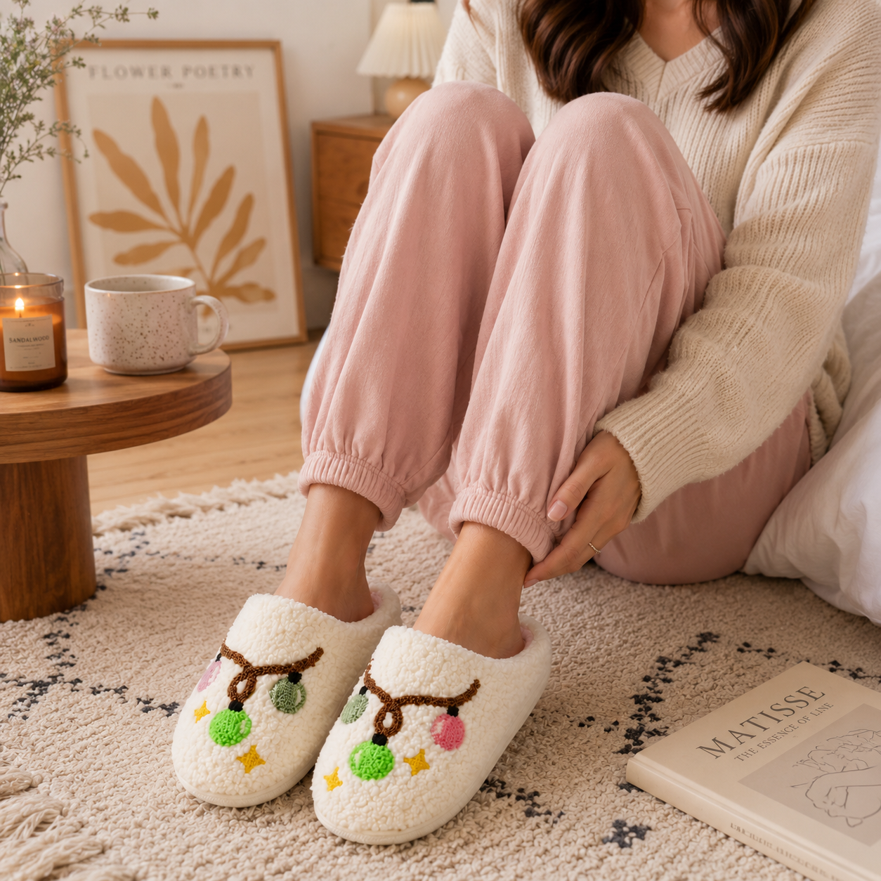 Sherpa Christmas Lights Home Slippers | Festive Holiday Slippers