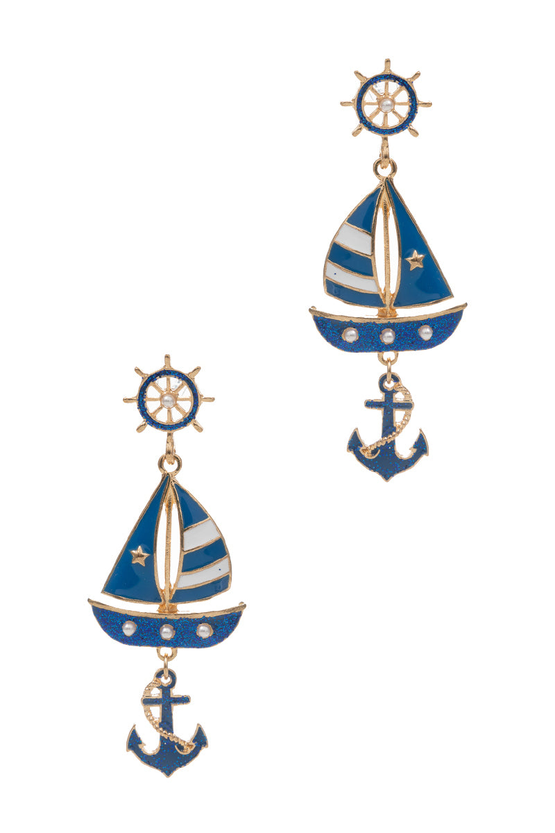 Sailboat Dangle Earrings with Anchor Charm – Nautical Enamel Drop Jewelry