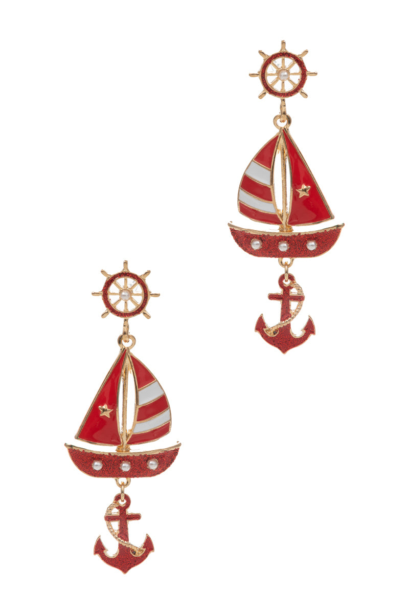 Sailboat Dangle Earrings with Anchor Charm – Nautical Enamel Drop Jewelry