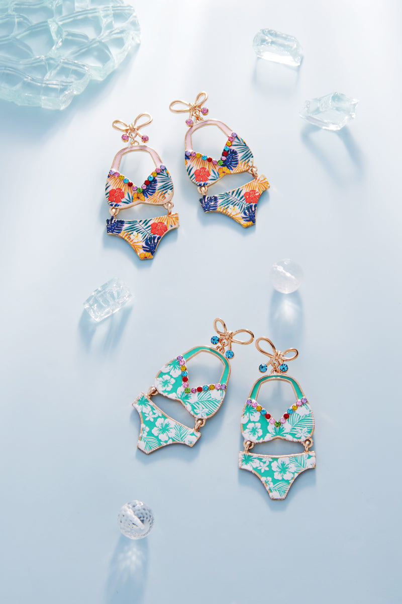 Tropical Bikini Dangle Earrings with Rhinestones – Summer Beach Statement Jewelry