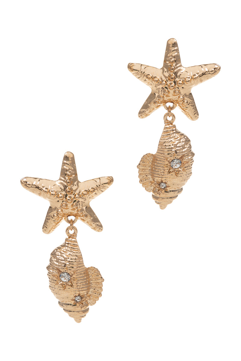 Starfish & Shell Drop Earrings with Crystals