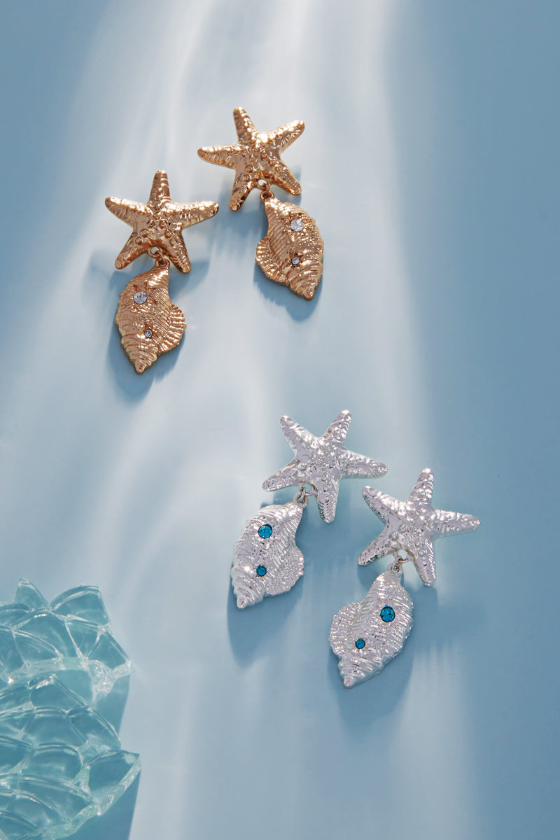 Starfish & Shell Drop Earrings with Crystals
