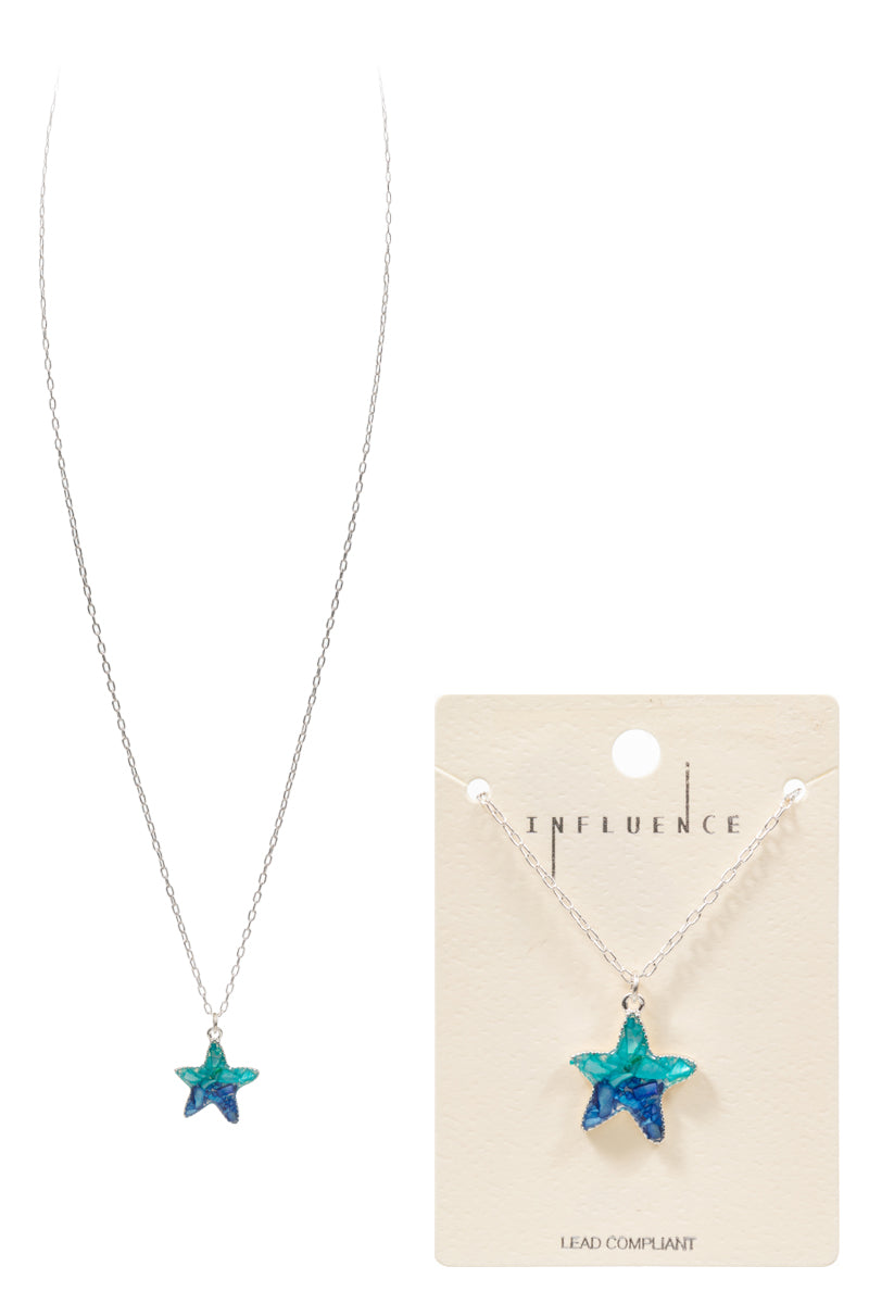Starfish Pendant Necklace – Blue Resin Star Charm on Silver Chain, Beach Jewelry Gift