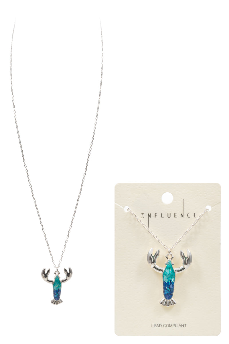 Lobster Pendant Necklace – Silver Tone Chain with Iridescent Stone Charm