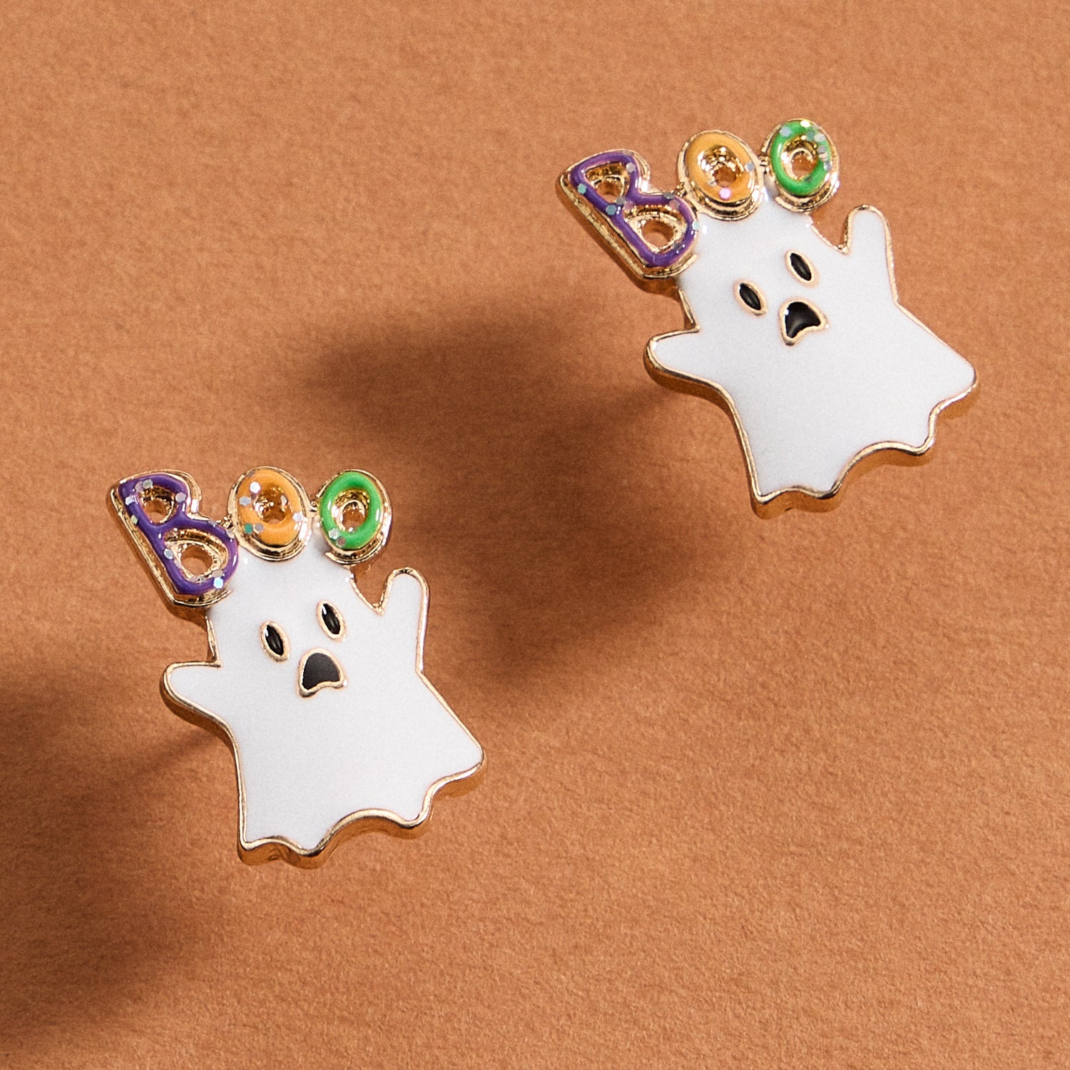 Enamel Ghost Stud Earrings with “Boo” Accent Detail