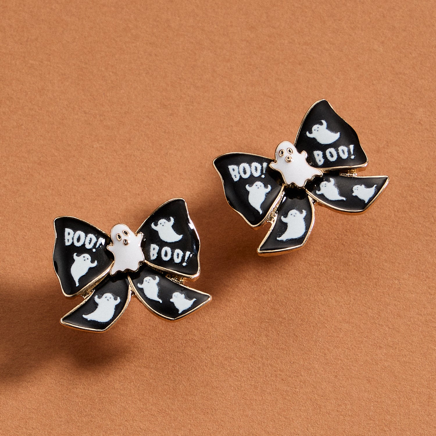 Enamel Ghost Stud Earrings with Subtle Bow Detail