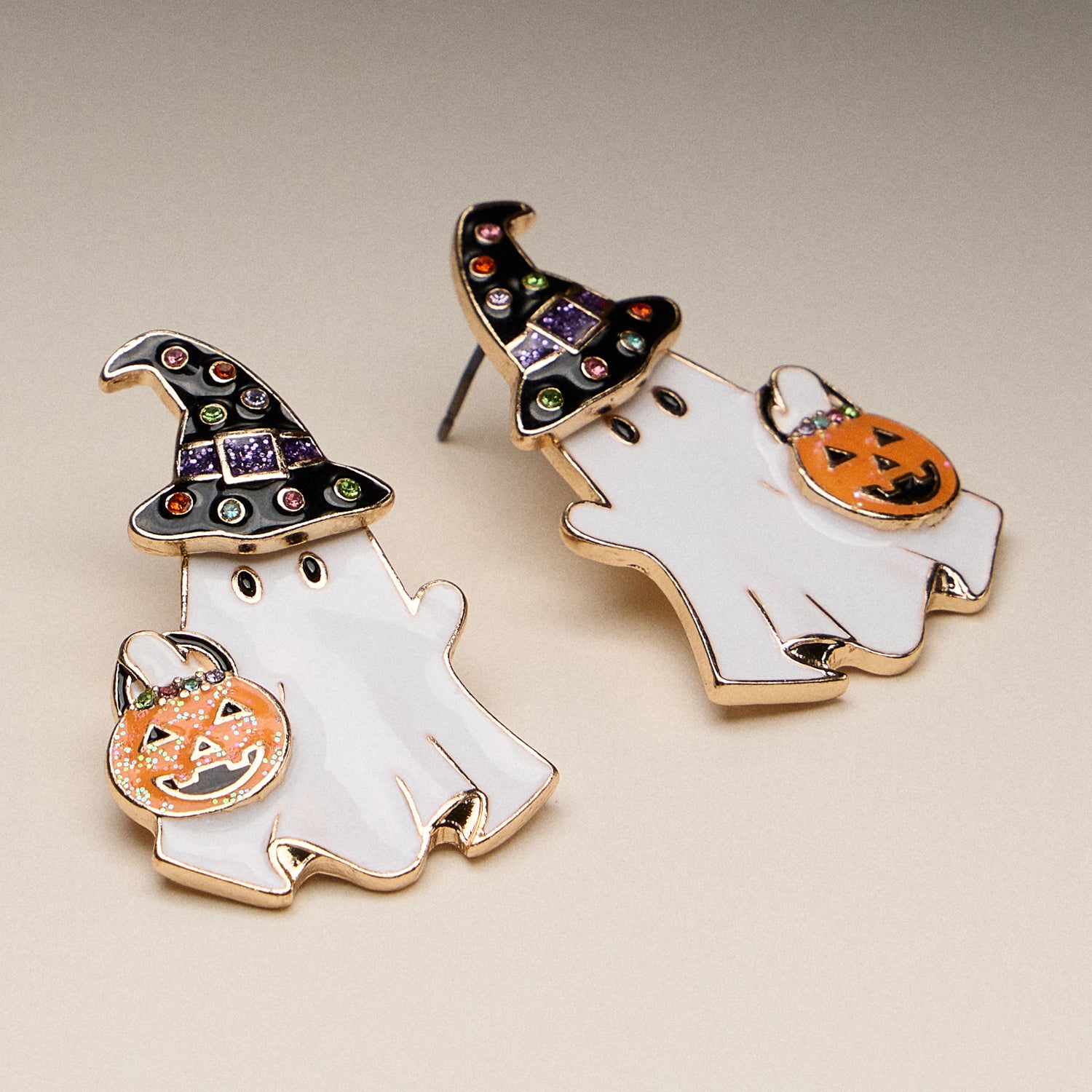 Enamel Ghost Drop Earrings with Pumpkin and Witch Hat Accents
