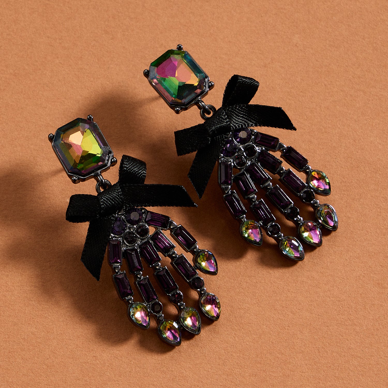 Enamel Hand Earrings with Sculpted Skeleton Form and Ribbon Detail