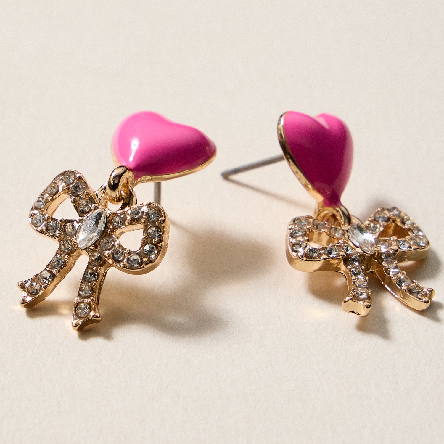 Heart & Bow Rhinestone Stud Earrings – Cute Valentine Drop Earrings