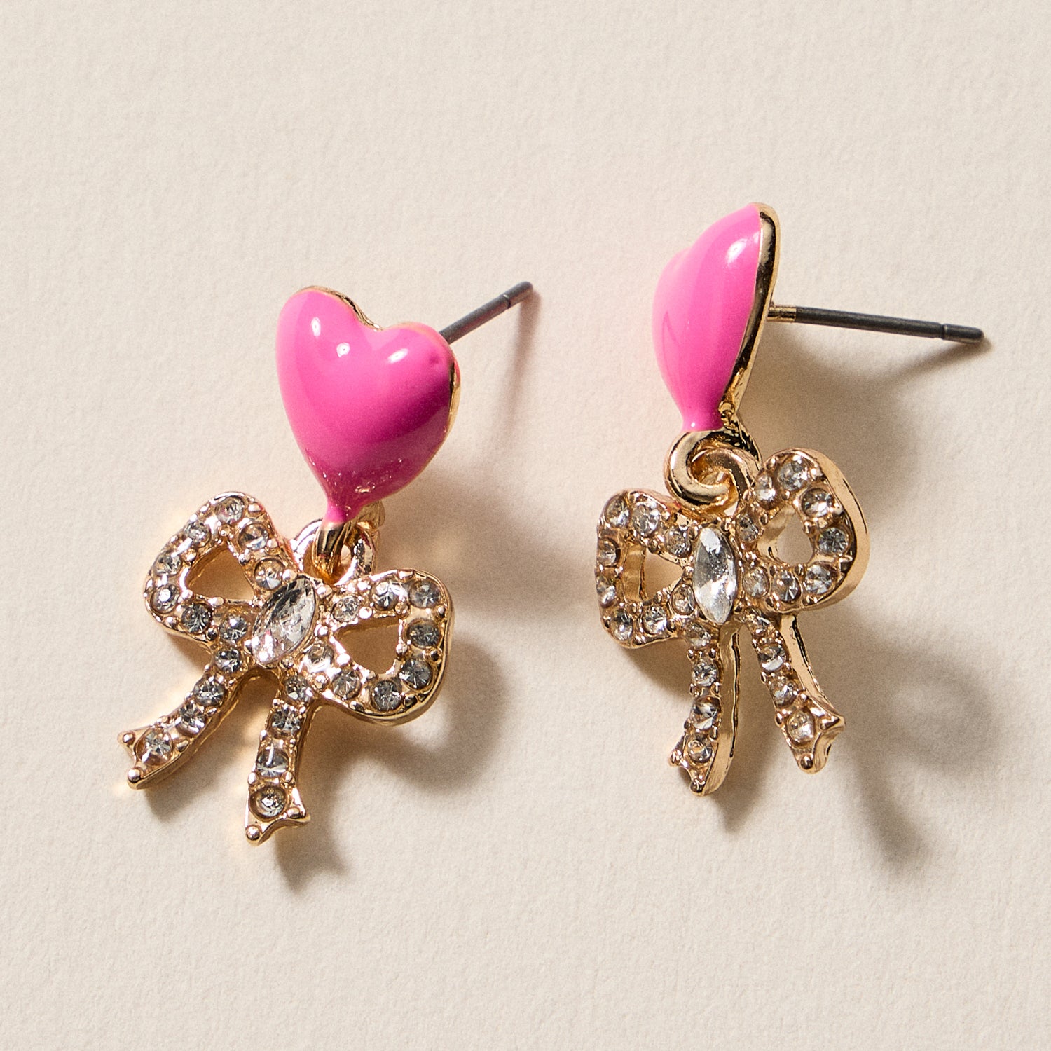 Heart & Bow Rhinestone Stud Earrings – Cute Valentine Drop Earrings
