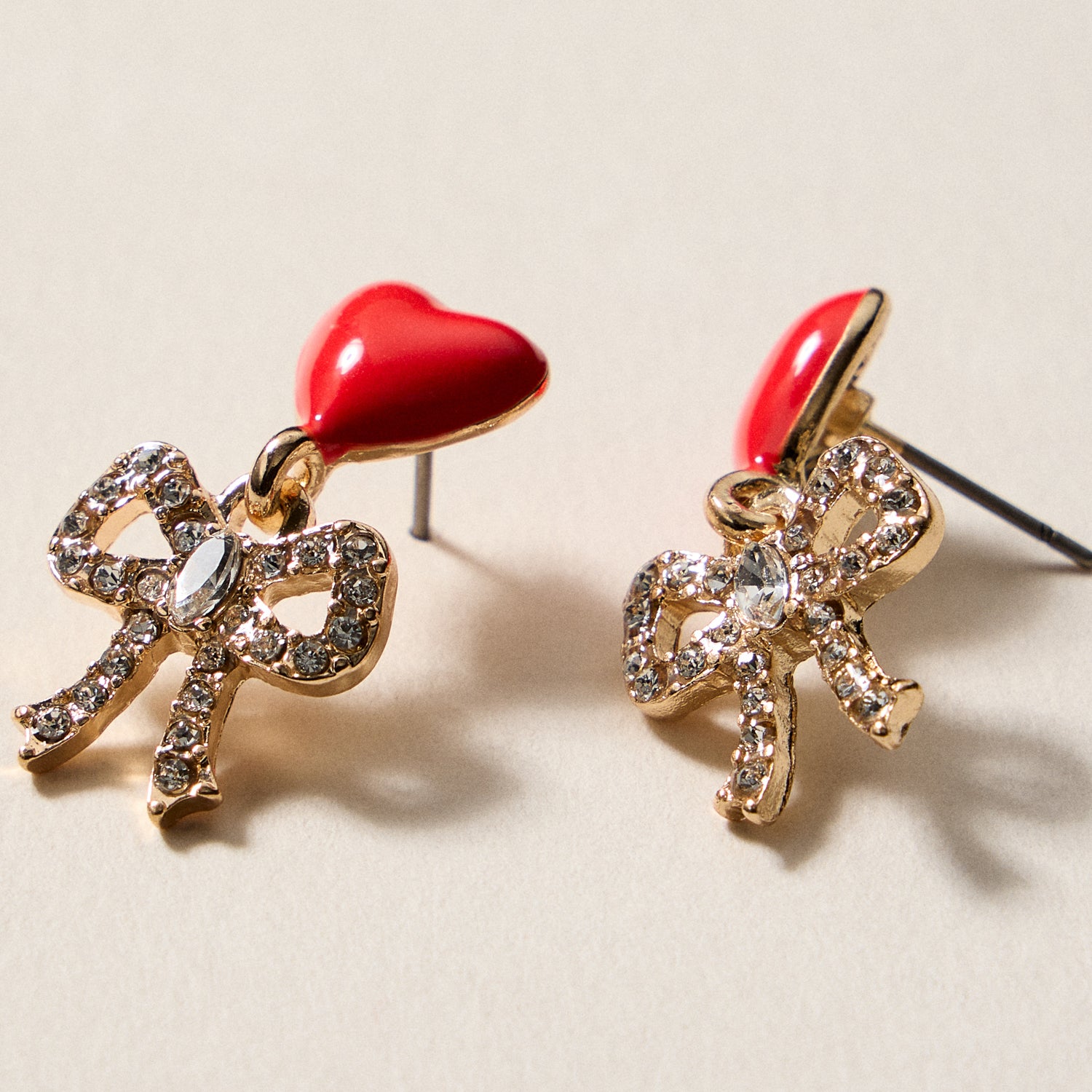 Heart & Bow Rhinestone Stud Earrings – Cute Valentine Drop Earrings