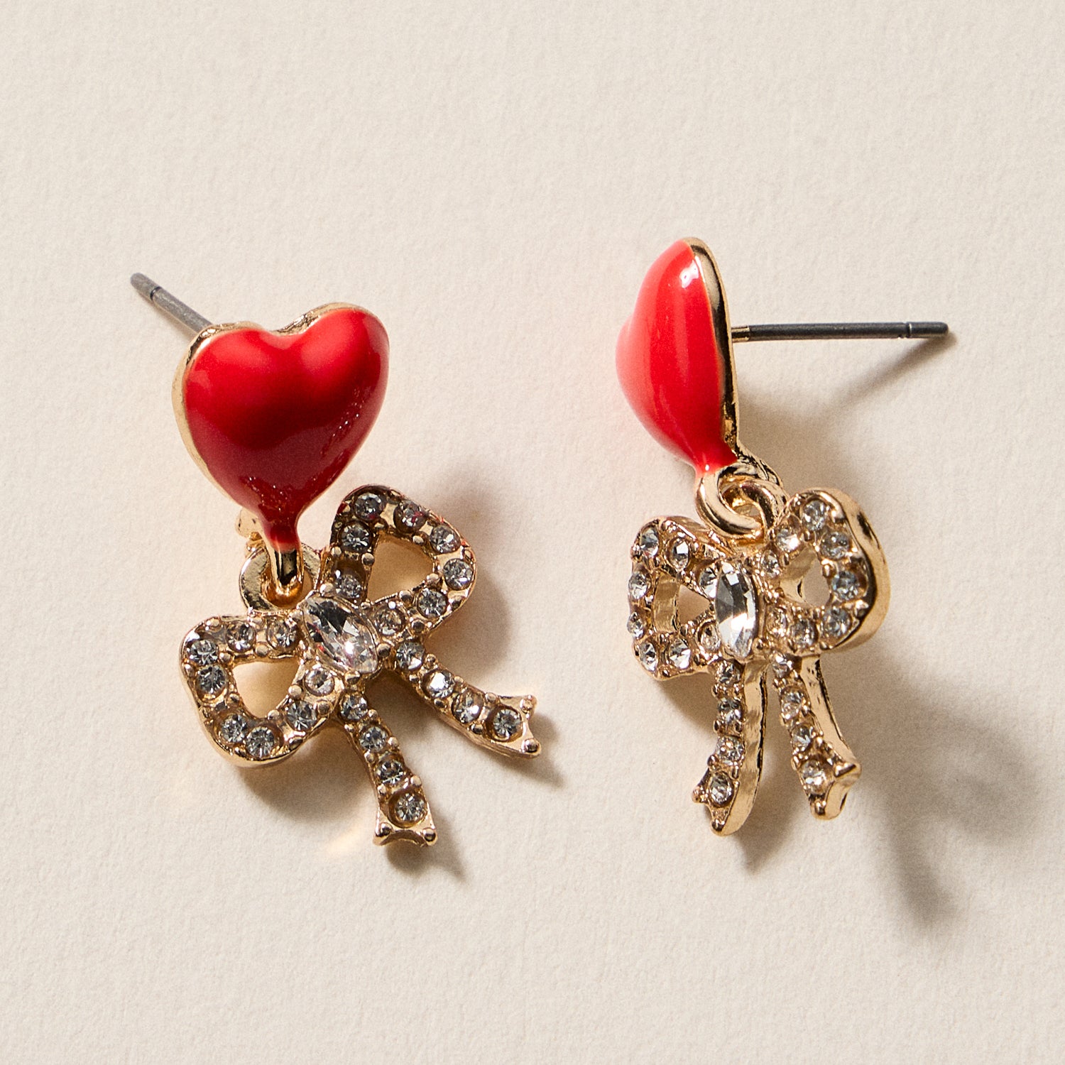 Heart & Bow Rhinestone Stud Earrings – Cute Valentine Drop Earrings