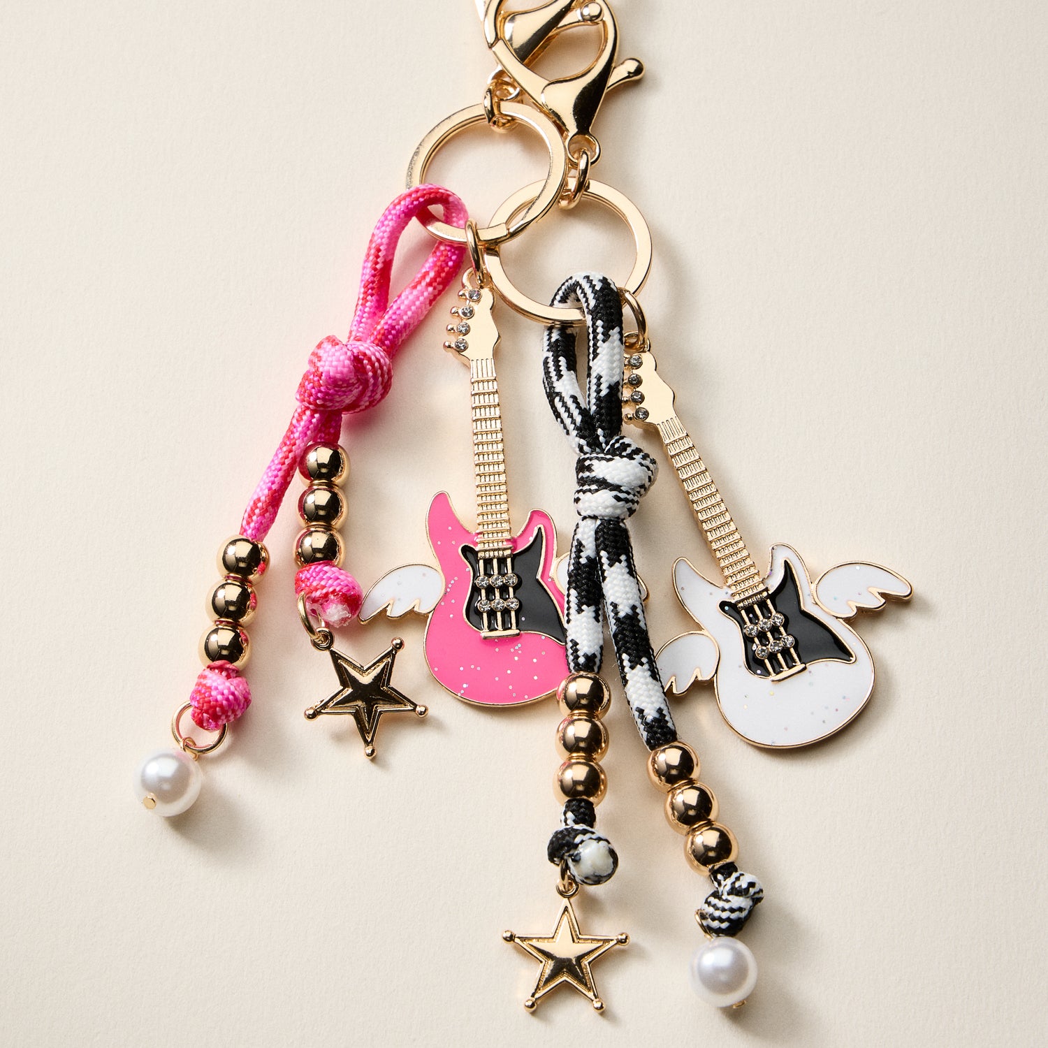 Angel Guitar Enamel Keychain with Star & Pearl Beads