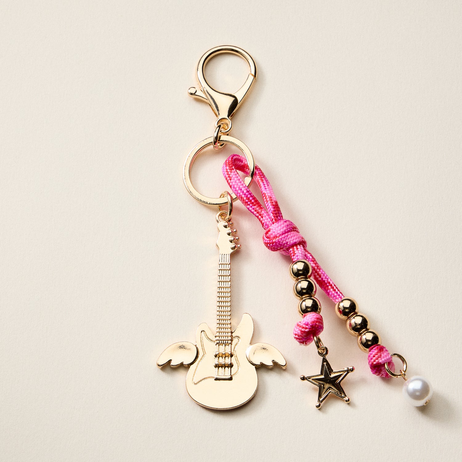 Angel Guitar | Enamel Keychain with Star & Pearl Beads
