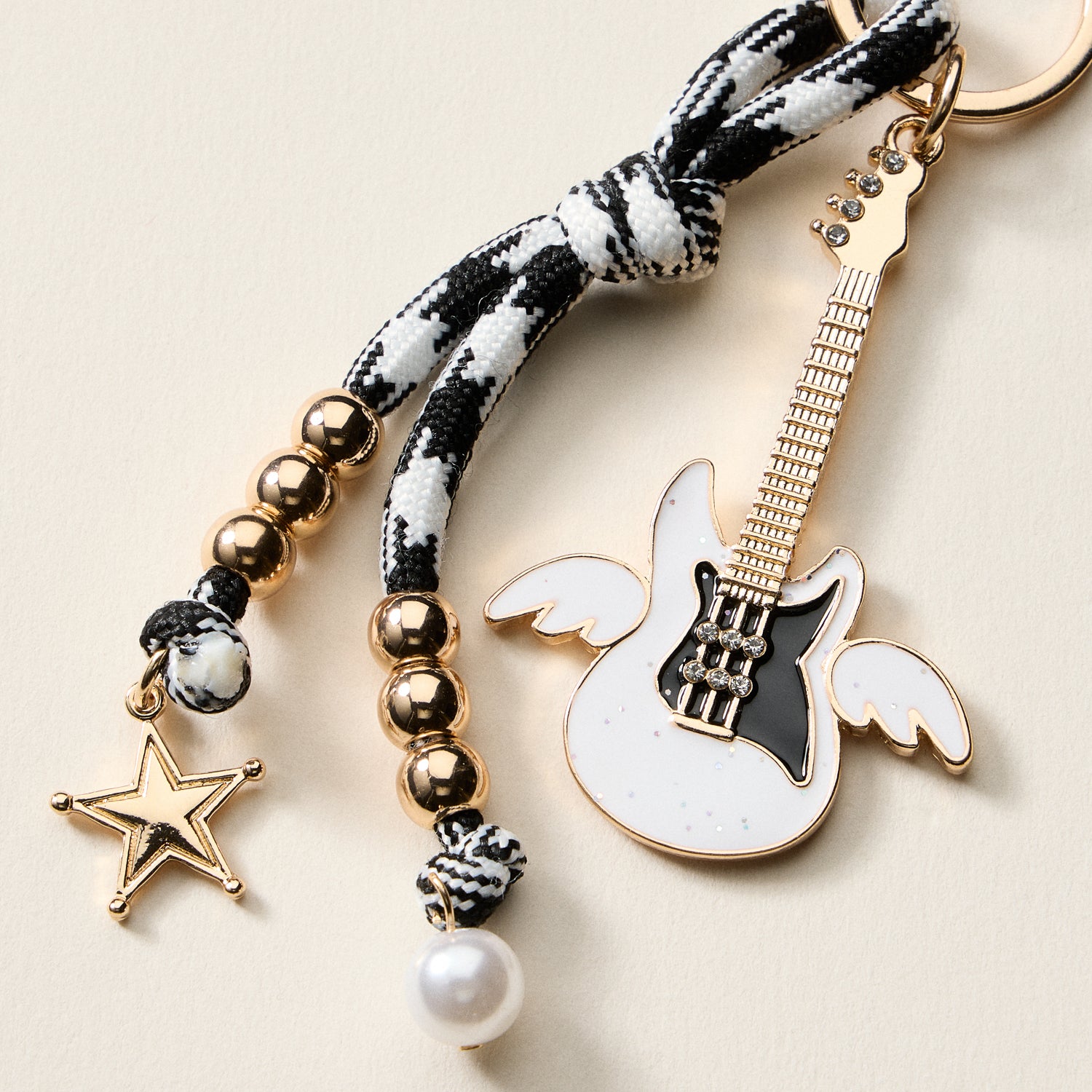 Angel Guitar | Enamel Keychain with Star & Pearl Beads