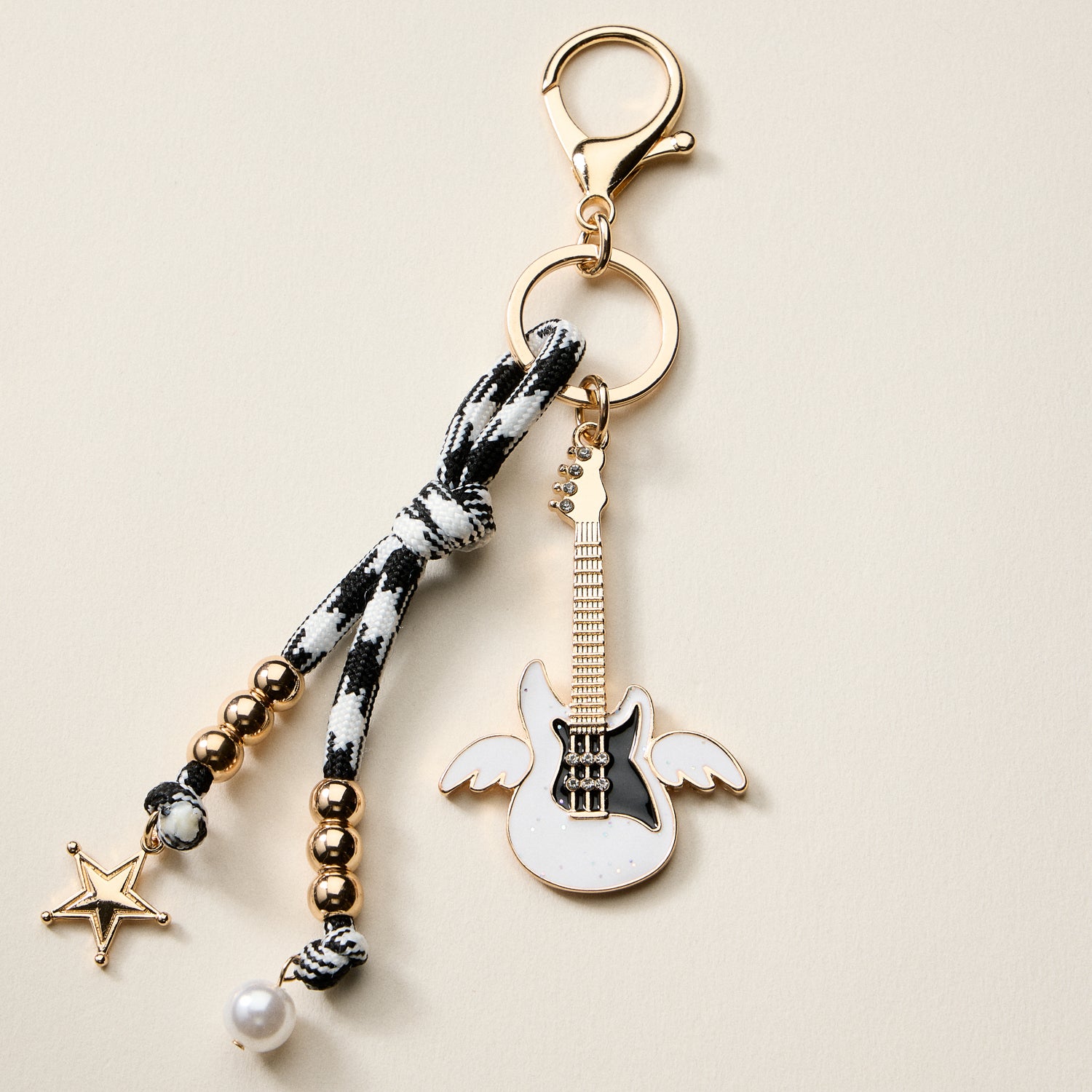 Angel Guitar | Enamel Keychain with Star & Pearl Beads