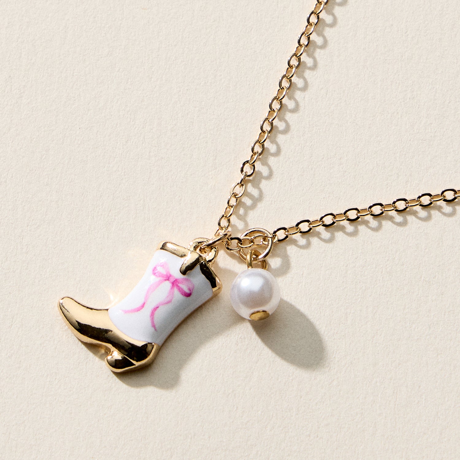 Boot Enamel Necklace – Cowboy Boot Pendant with Printed Detail & Pearl Accent - Frem
