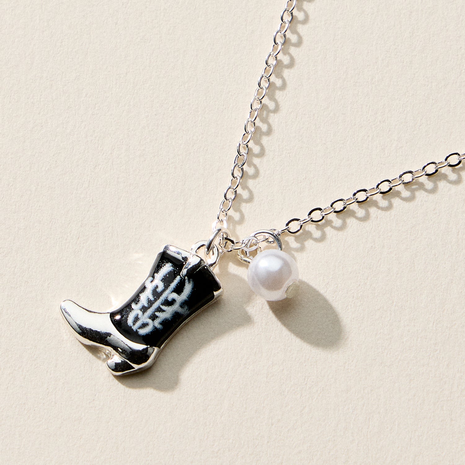 Boot Enamel Necklace – Cowboy Boot Pendant with Printed Detail & Pearl Accent - Frem