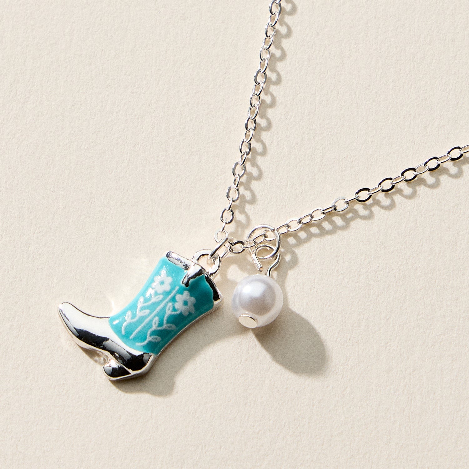 Boot Enamel Necklace – Cowboy Boot Pendant with Printed Detail & Pearl Accent - Frem