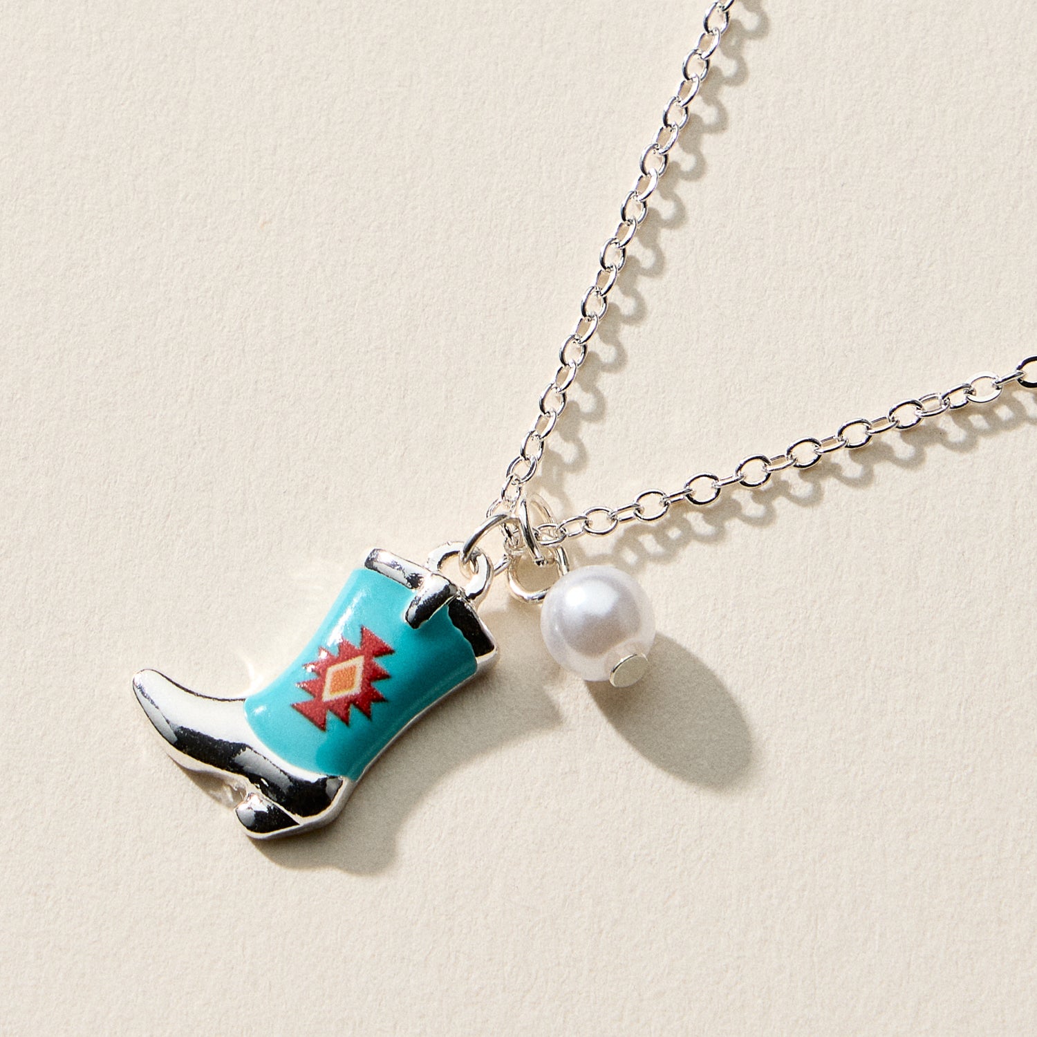 Boot Enamel Necklace – Cowboy Boot Pendant with Printed Detail & Pearl Accent - Frem