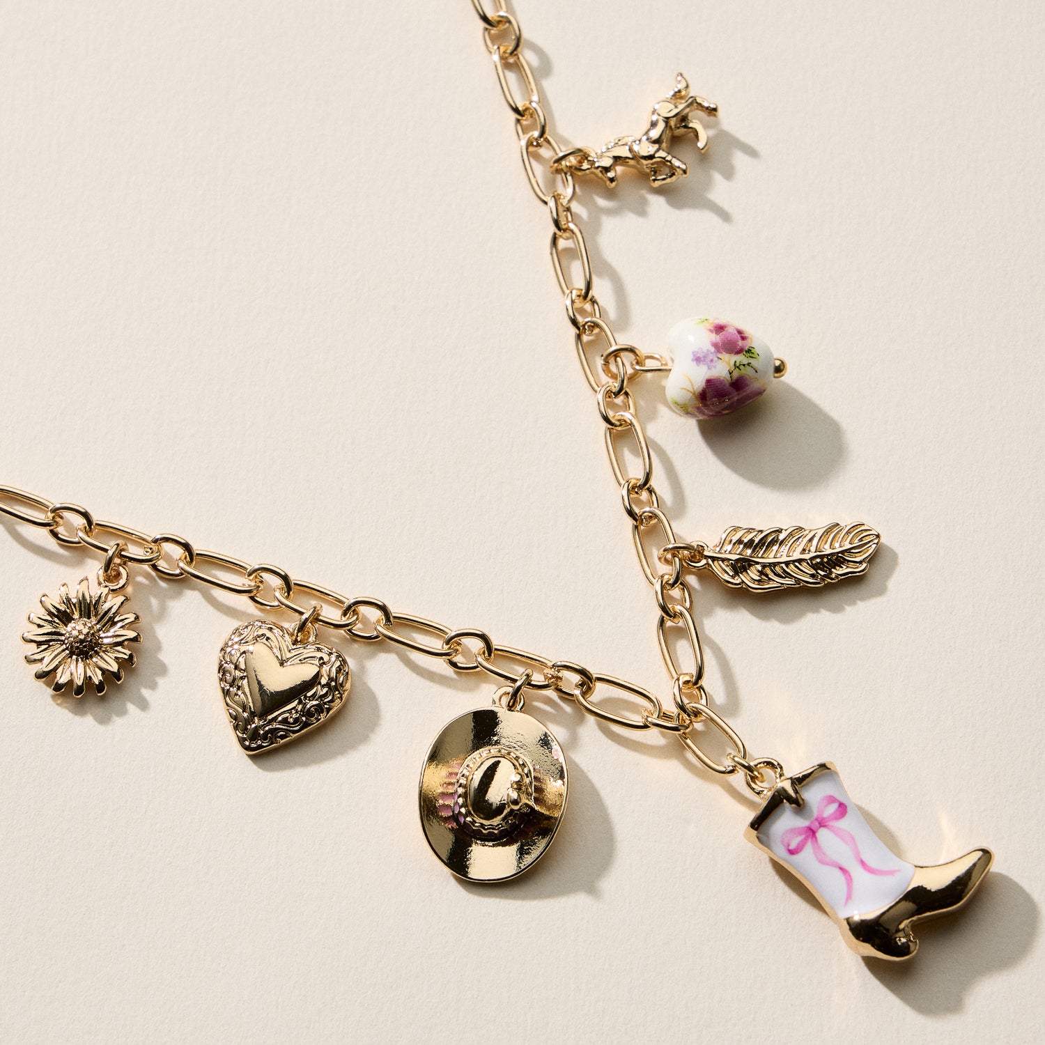 Western Charm Necklace – Mixed Icon Chain with Boot, Hat & Horse Charms and Ceramic Bead