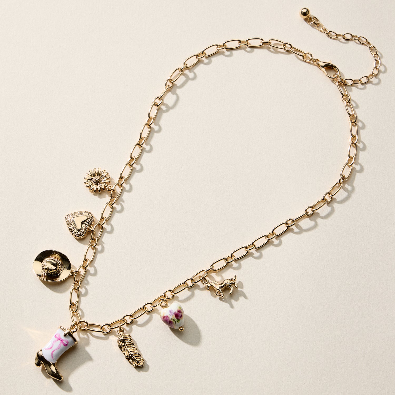 Western Charm Necklace – Mixed Icon Chain with Boot, Hat & Horse Charms and Ceramic Bead
