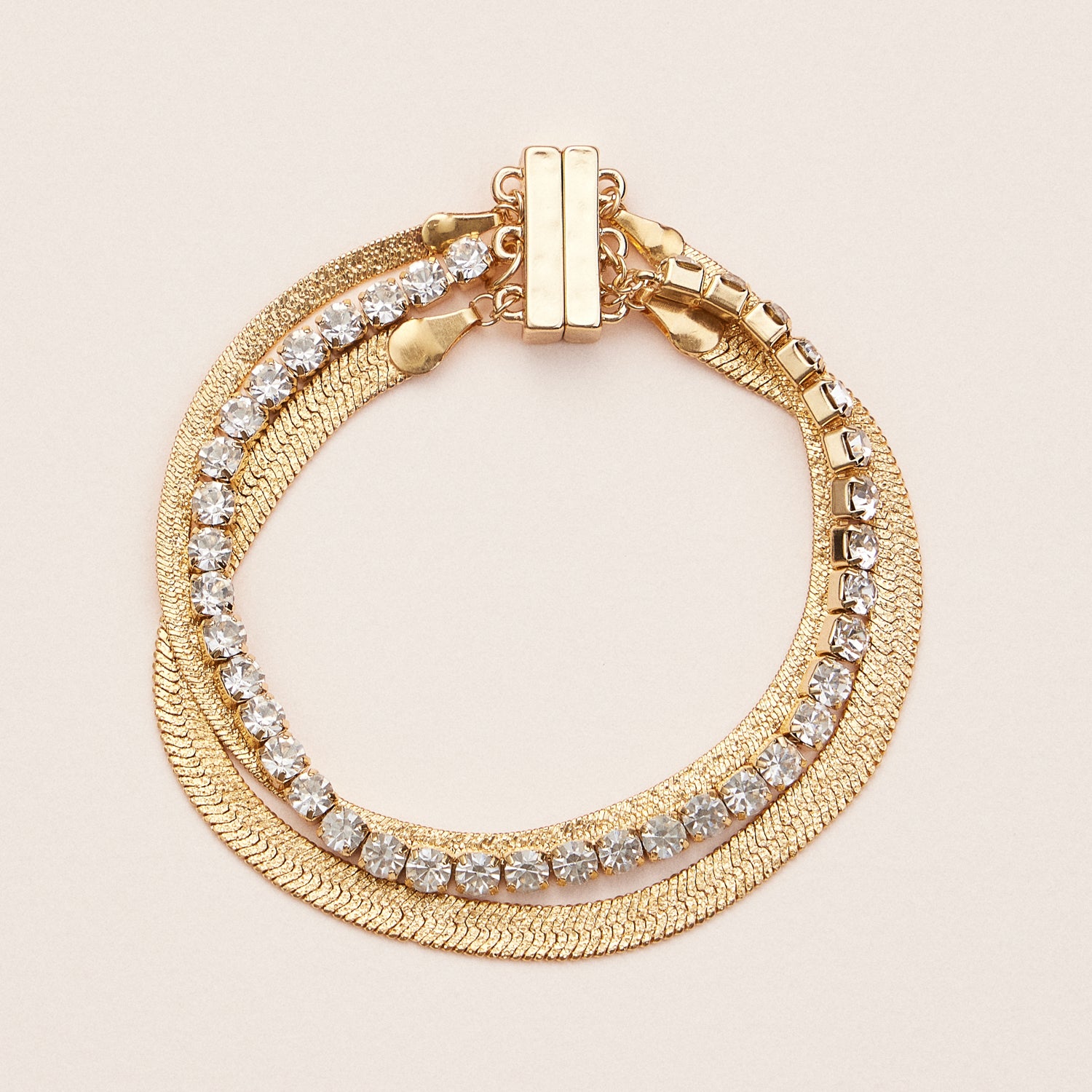 Layered Crystal Magnetic Bracelet – Rhinestone & Metal Chain in Gold or Silver