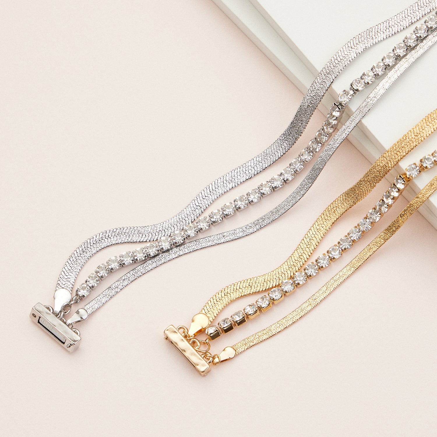 Layered Crystal Magnetic Bracelet – Rhinestone & Metal Chain in Gold or Silver