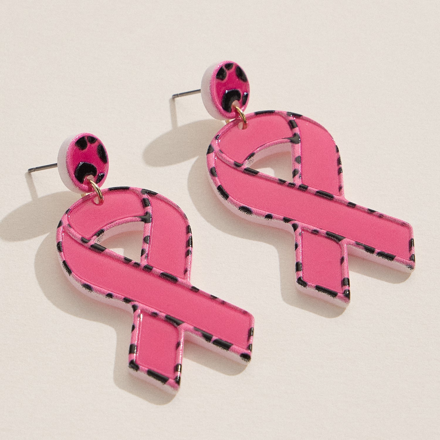Leopard Print Earrings with Pink Ribbon Accent