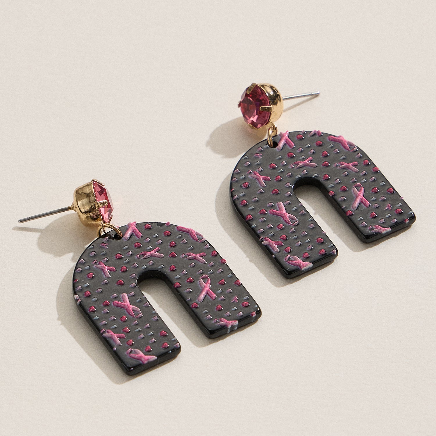 Acrylic Arch Earrings with Pink Ribbon Design