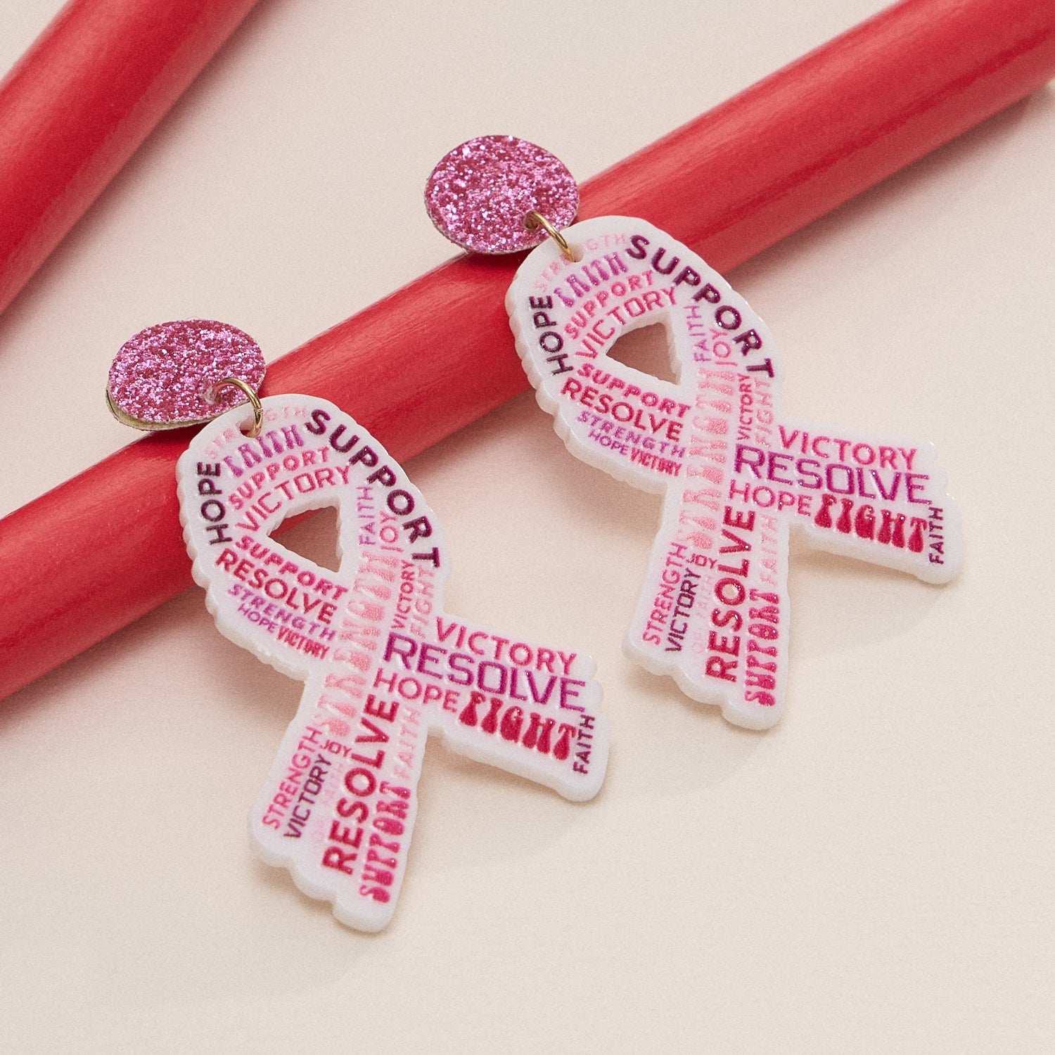 Acrylic Statement Earrings with Pink Ribbon